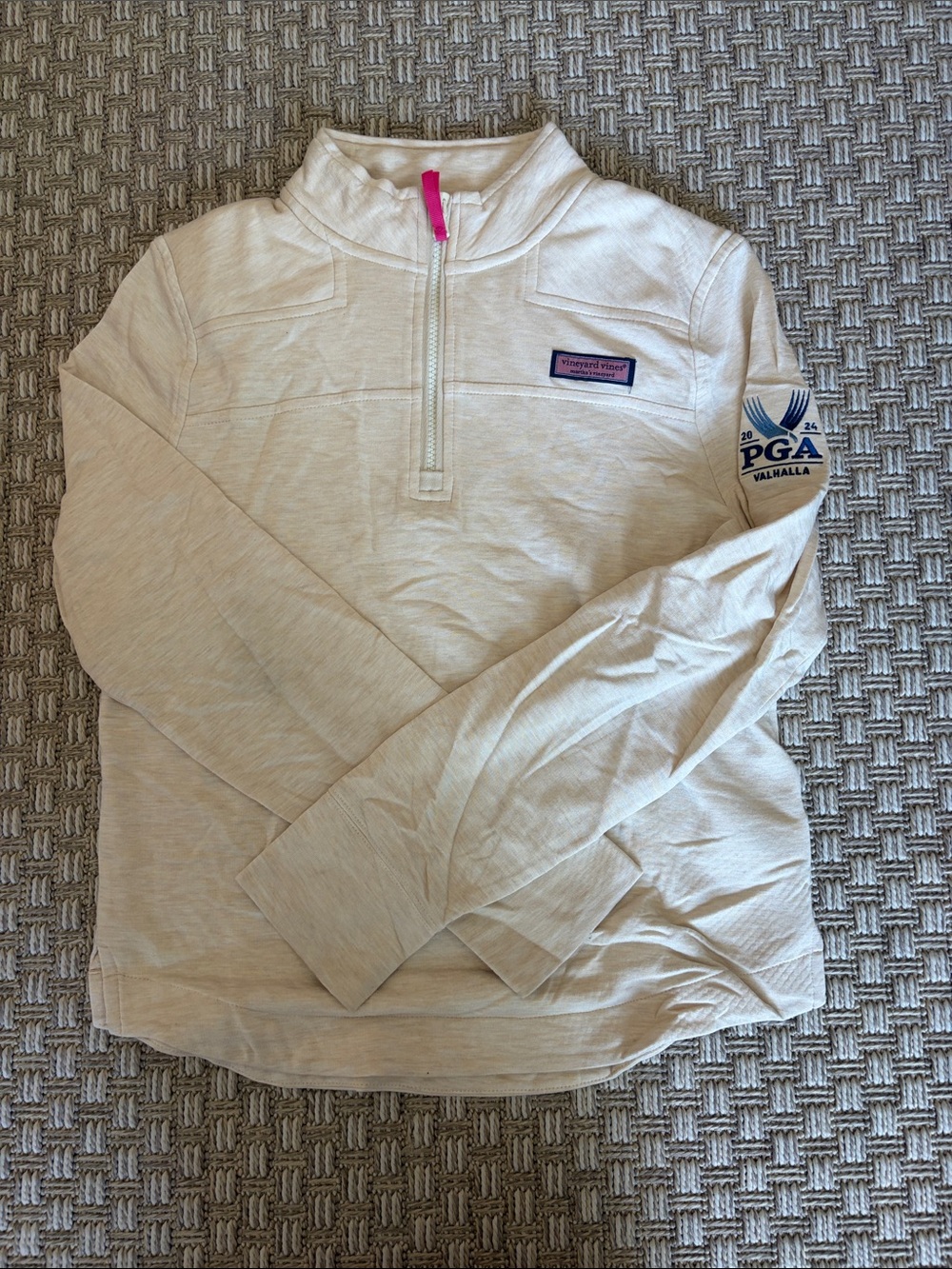 Vineyard Vines Cream Quarter-Zip Sweater with Pink Zip Pull